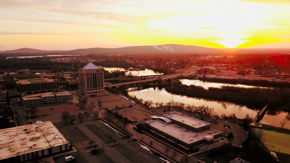 Welcome 100 Aerial view at sunset of downtown, where you'll find many of the best things to do in Wausau WI