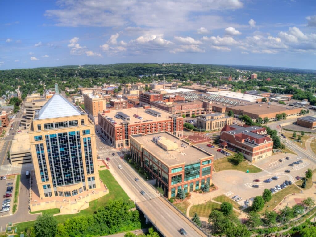 Aerial view of downtown Wausau, Wisonsin, the location for many Wausau events.